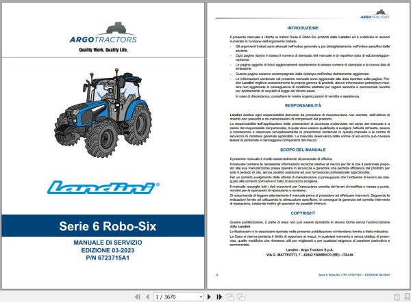 Landini Tractor 6 135 6 145 6 155 ROBO SIX Service Manual 6723715A1 IT 1