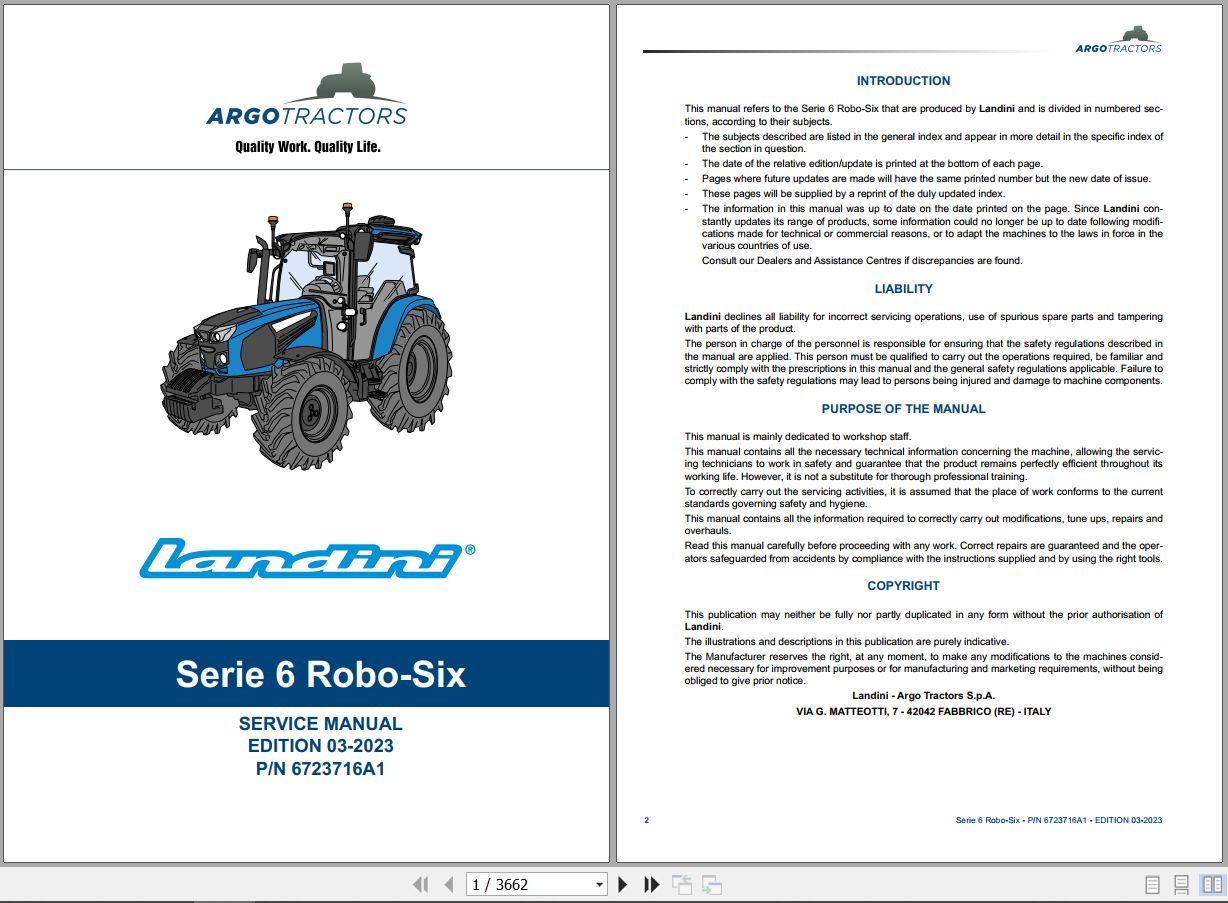 Landini Tractor 6 135 6 145 6 155 ROBO SIX Service Manual 6723716A1 EN 1