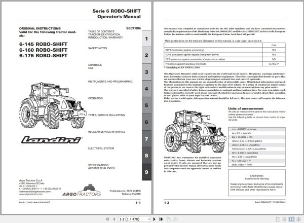 Landini Tractor 6 145 6 160 6 175 ROBO SHIFT Operators Maintenance Manual 6521724M5 EN 1