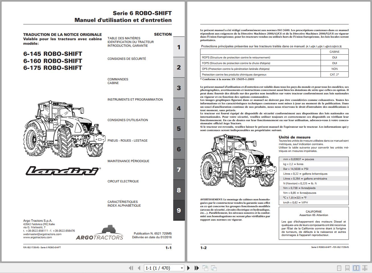 Landini Tractor 6 145 6 160 6 175 ROBO SHIFT Operators Maintenance Manual 6521725M5 FR 1