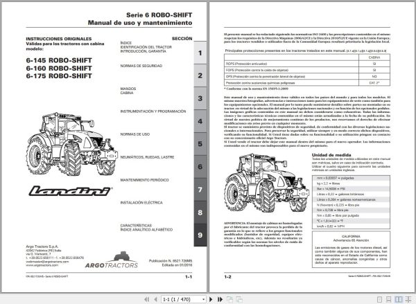 Landini Tractor 6 145 6 160 6 175 ROBO SHIFT Operators Maintenance Manual 6521726M5 ES 1