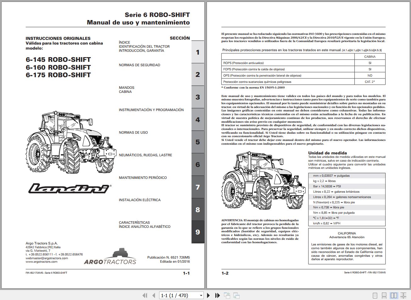 Landini Tractor 6 145 6 160 6 175 ROBO SHIFT Operators Maintenance Manual 6521726M5 ES 1