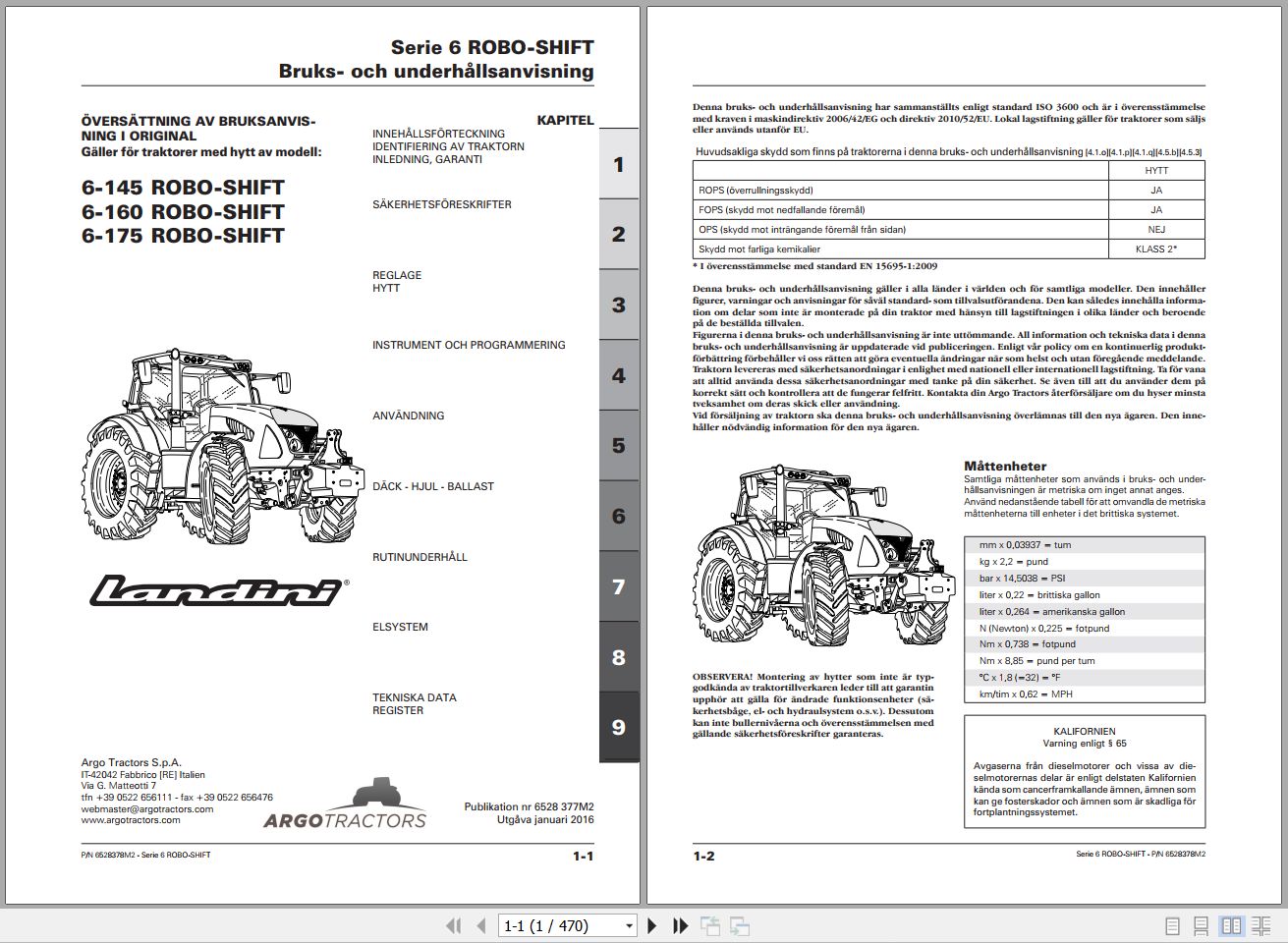 Landini Tractor 6 145 6 160 6 175 ROBO SHIFT Operators Maintenance Manual 6528378M2 SV 1
