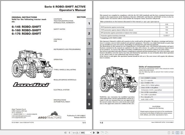 Landini Tractor 6 145 6 160 6 175 ROBO SHIFT Operators Maintenance Manual 6614686A1 EN 1