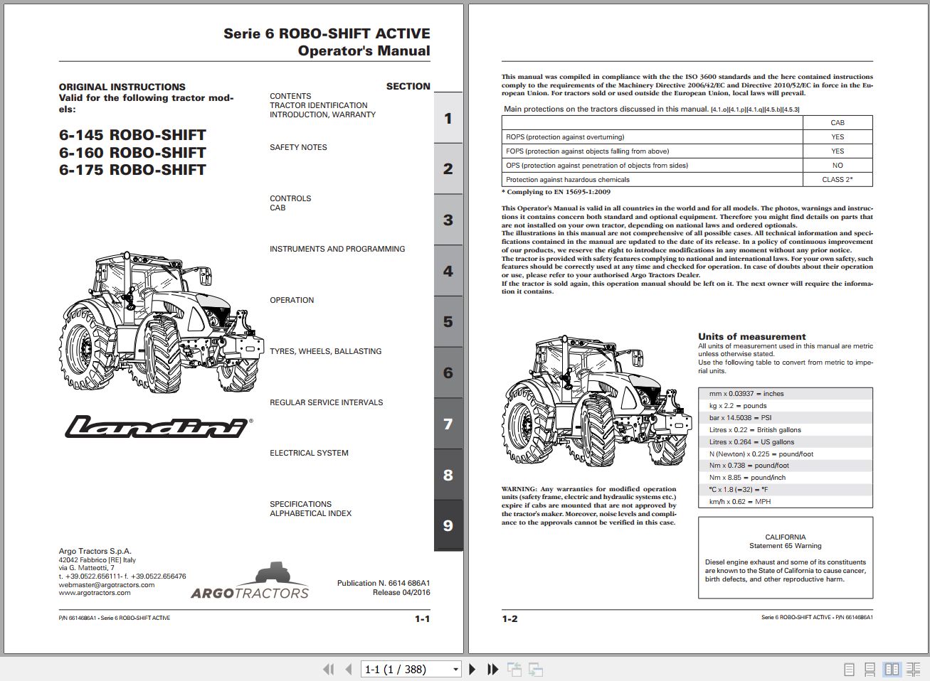 Landini Tractor 6 145 6 160 6 175 ROBO SHIFT Operators Maintenance Manual 6614686A1 EN 1