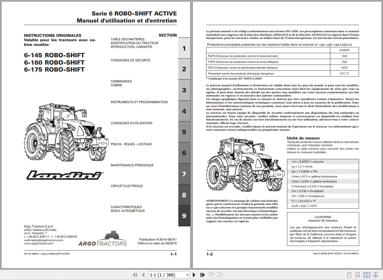 Landini Tractor 6 145 6 160 6 175 ROBO SHIFT Operators Maintenance Manual 6614687A1 FR 1