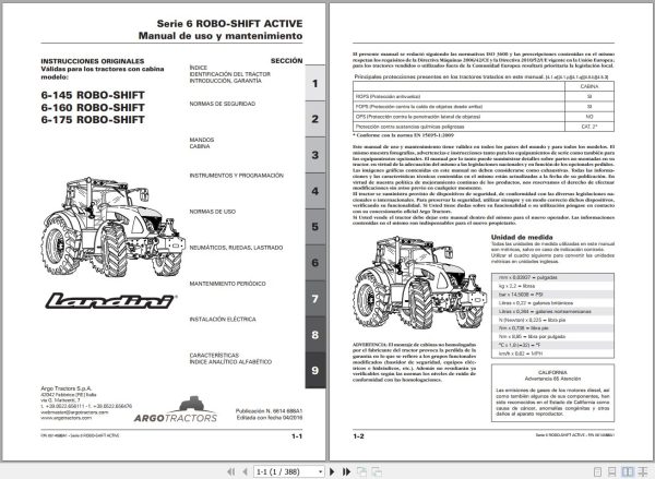 Landini Tractor 6 145 6 160 6 175 ROBO SHIFT Operators Maintenance Manual 6614688A1 ES 1