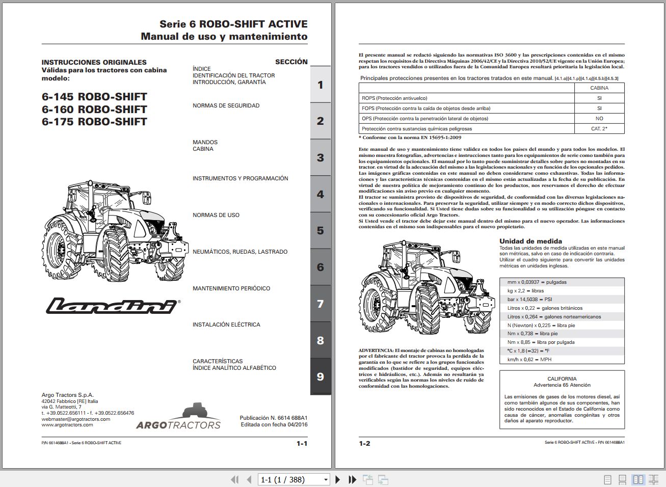 Landini Tractor 6 145 6 160 6 175 ROBO SHIFT Operators Maintenance Manual 6614688A1 ES 1
