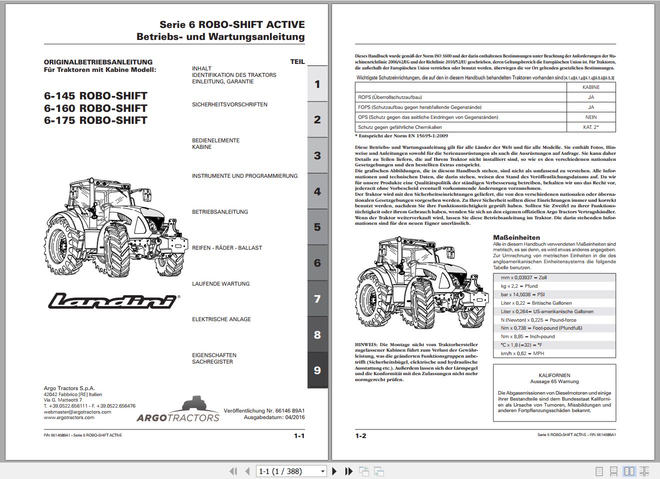 Landini Tractor 6 145 6 160 6 175 ROBO SHIFT Operators Maintenance Manual 6614689A1 DE 1