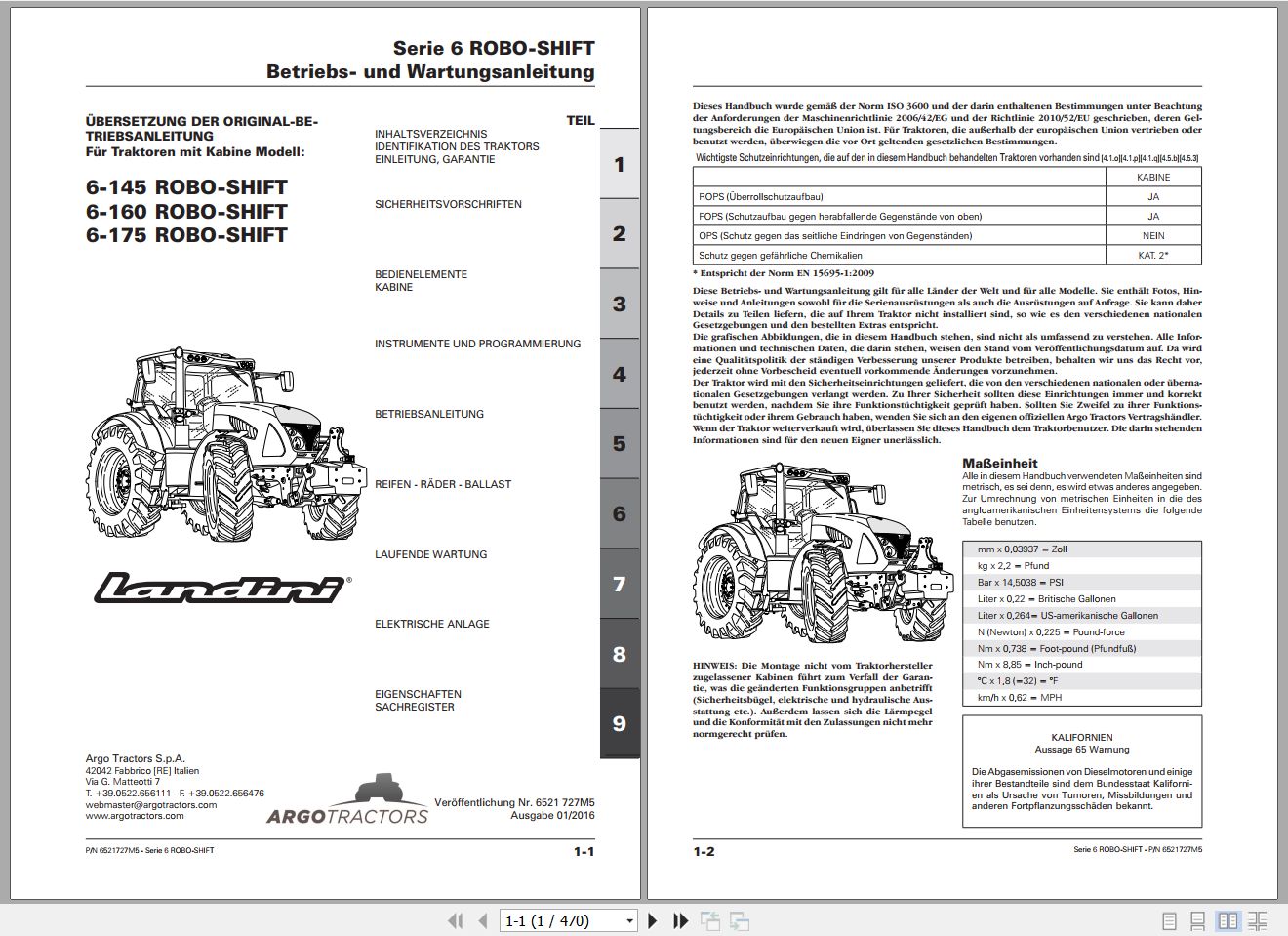 Landini Tractor 6 145 6 160 6 175 ROBO SIX Operators Maintenance Manual 6521727M5 DE 1