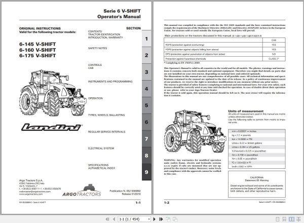 Landini Tractor 6 145 6 160 6 175 V SHIFT Operators Maintenance Manual 6529300M2 EN 1