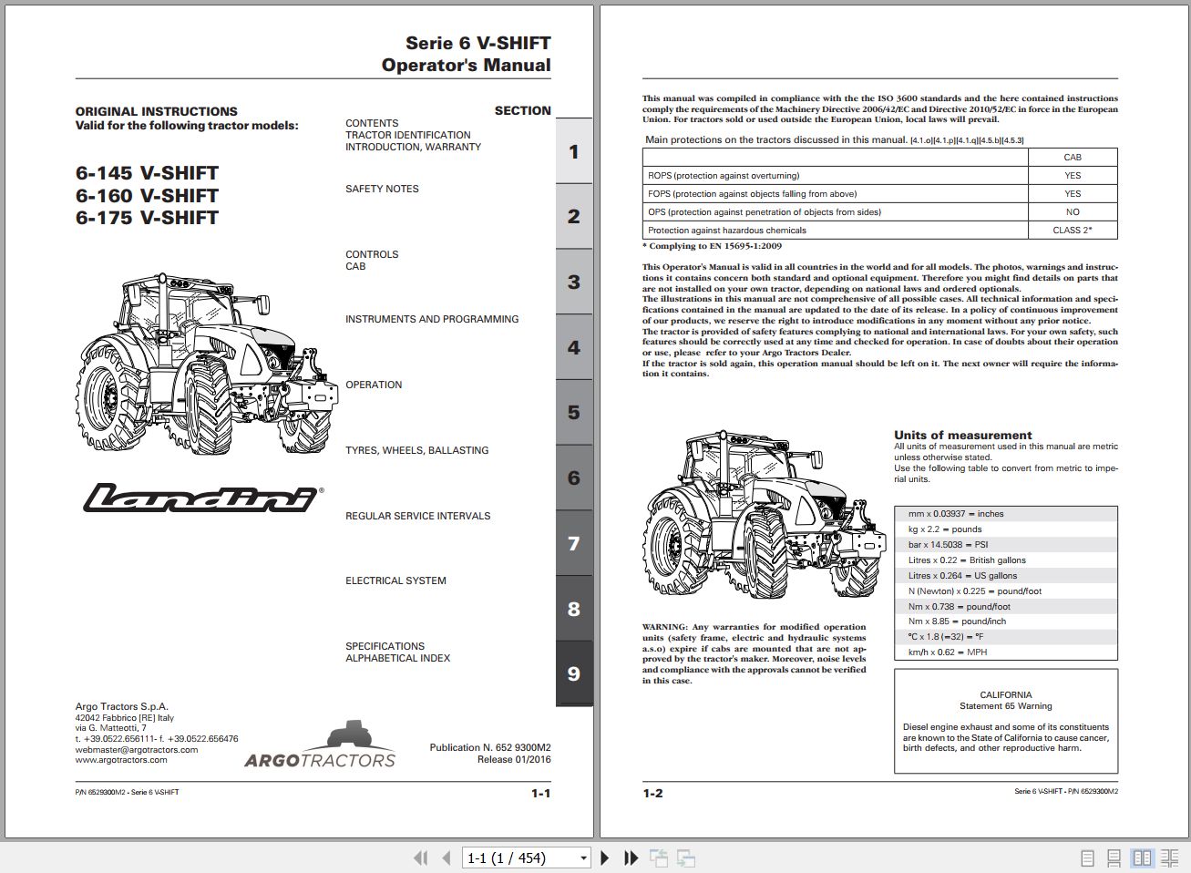 Landini Tractor 6 145 6 160 6 175 V SHIFT Operators Maintenance Manual 6529300M2 EN 1