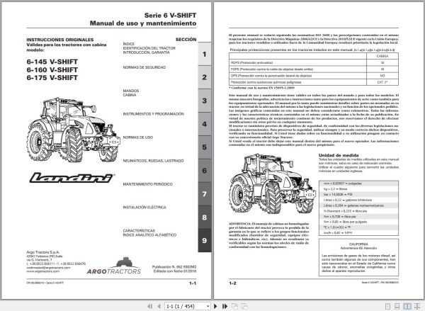 Landini Tractor 6 145 6 160 6 175 V SHIFT Operators Maintenance Manual 6529302M2 ES 1