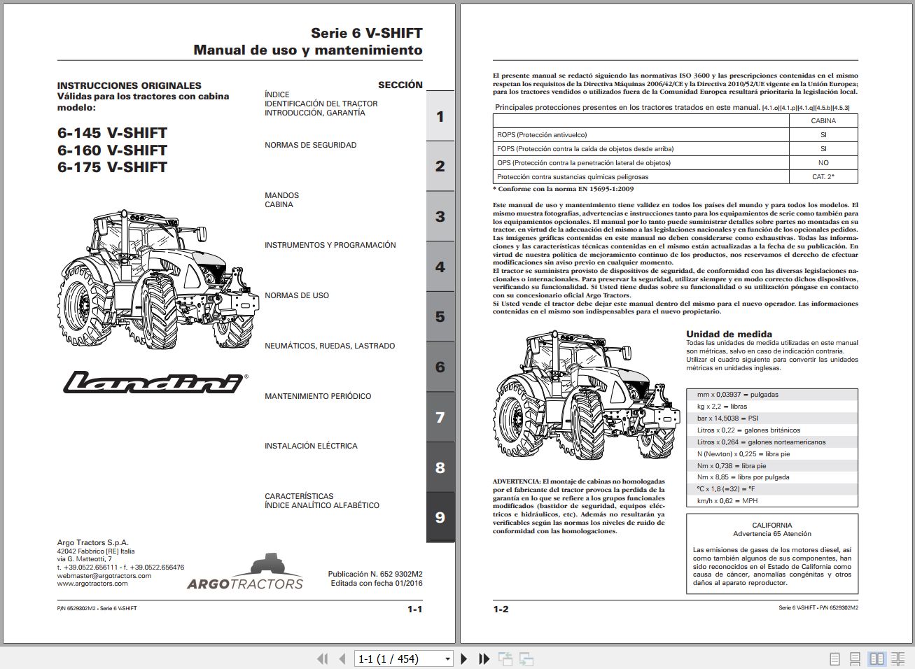 Landini Tractor 6 145 6 160 6 175 V SHIFT Operators Maintenance Manual 6529302M2 ES 1