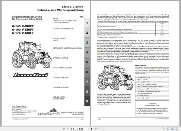 Landini Tractor 6 145 6 160 6 175 V SHIFT Operators Maintenance Manual 6529303M2 DE 1