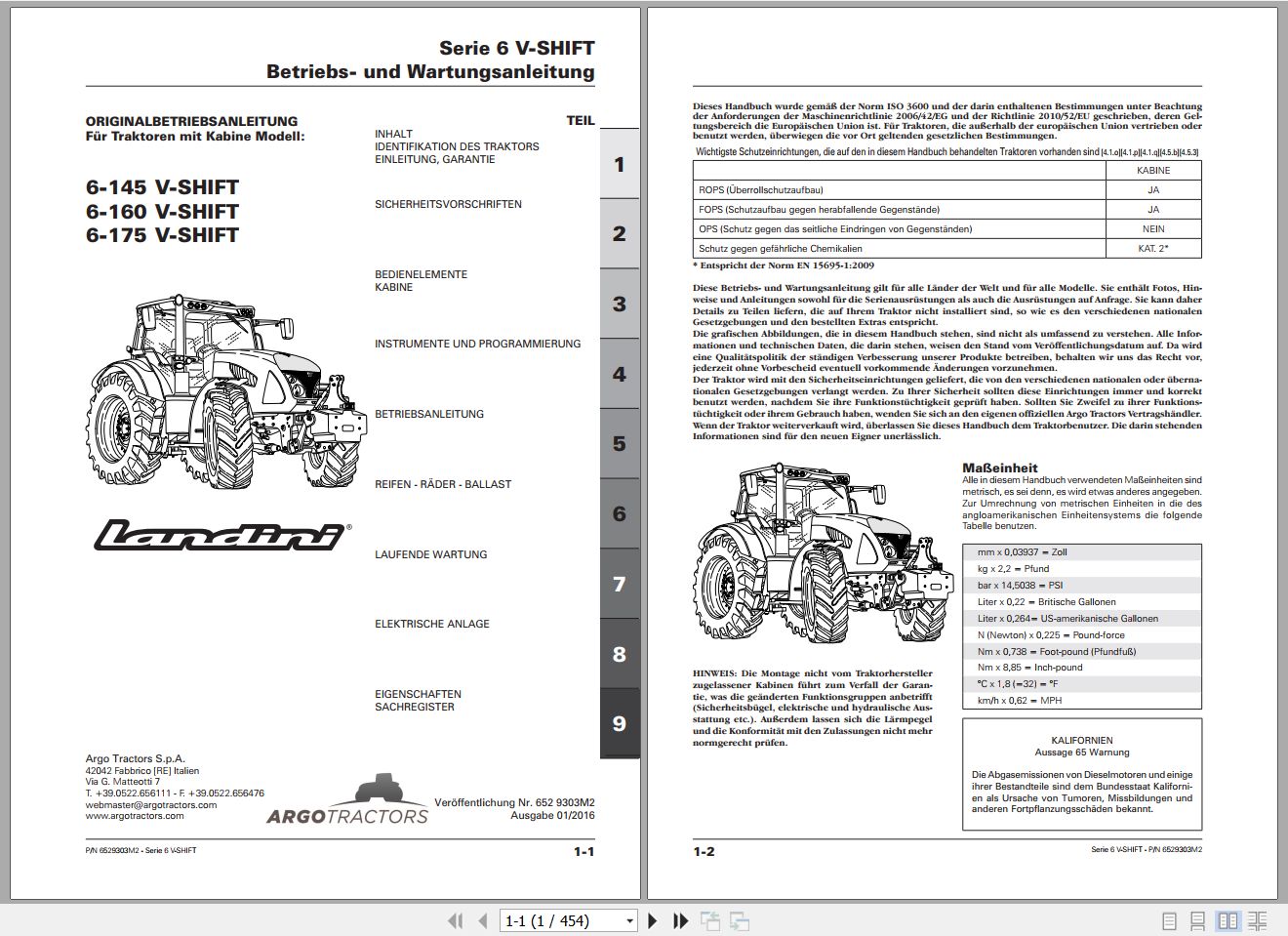 Landini Tractor 6 145 6 160 6 175 V SHIFT Operators Maintenance Manual 6529303M2 DE 1