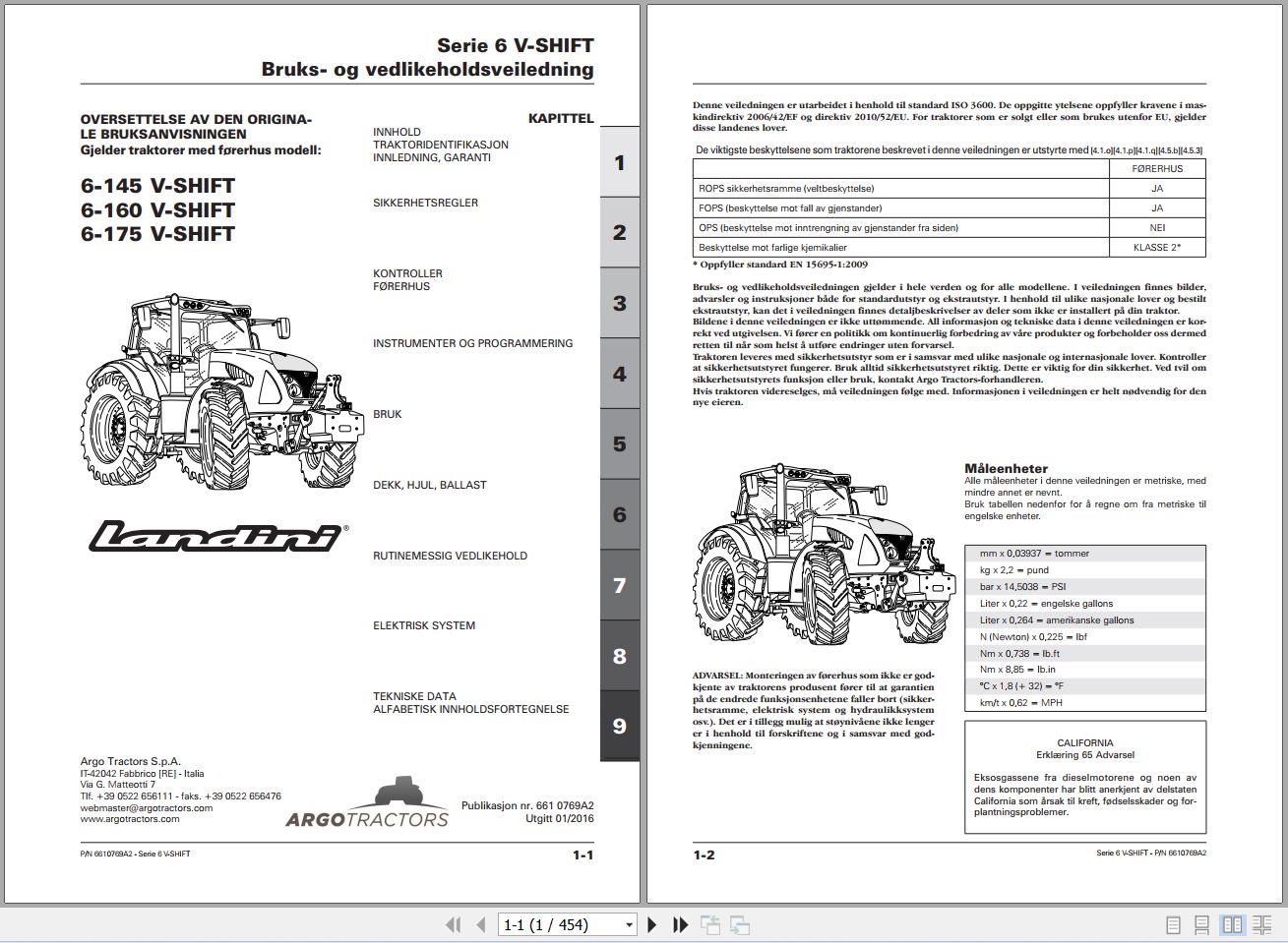 Landini Tractor 6 145 6 160 6 175 V SHIFT Operators Maintenance Manual 6610769A2 NO 1