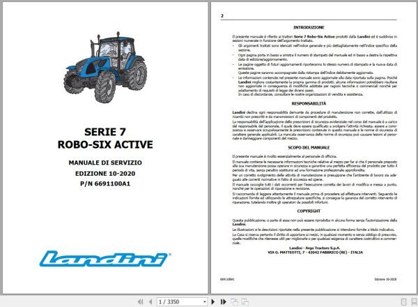 Landini Tractor 6 145 6 165 6 175 ROBO SIX ACTIVE Service Manual 6691100A1 IT 1