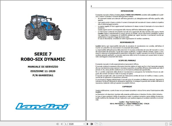 Landini Tractor 6 145 6 165 6 175 ROBO SIX DYNAMIC Service Manual 6640055A1 IT 1
