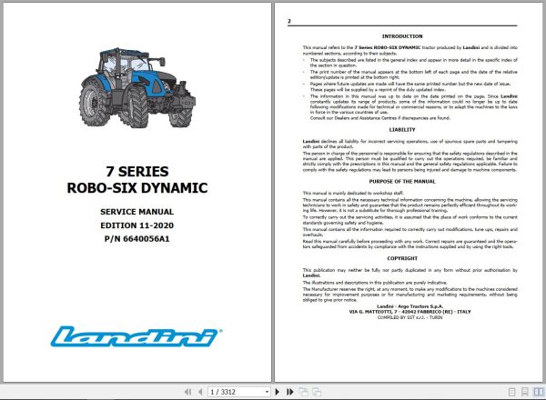 Landini Tractor 6 145 6 165 6 175 ROBO SIX Service Manual 6640056A1 EN 1