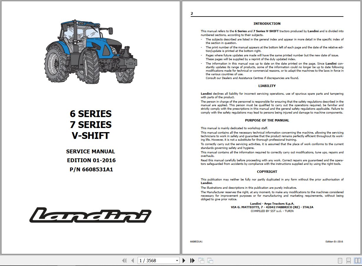 Landini Tractor 6 145 to 7 190 V SHIFT Service Manual 6608531A1 C EN 1