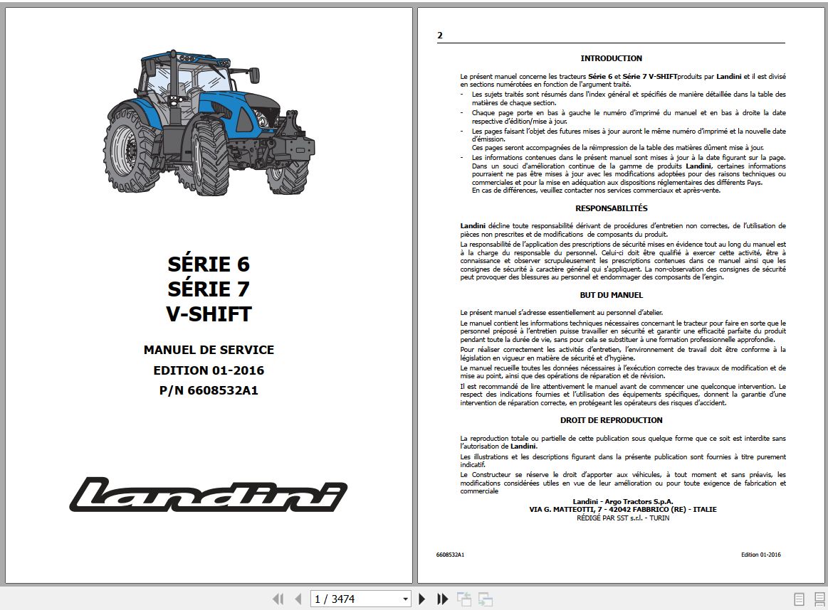 Landini Tractor 6 145 to 7 190 V SHIFT Service Manual 6608532A1 FR 1