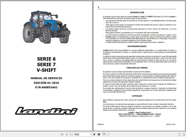Landini Tractor 6 145 to 7 190 V SHIFT Service Manual 6608534A1 ES 1