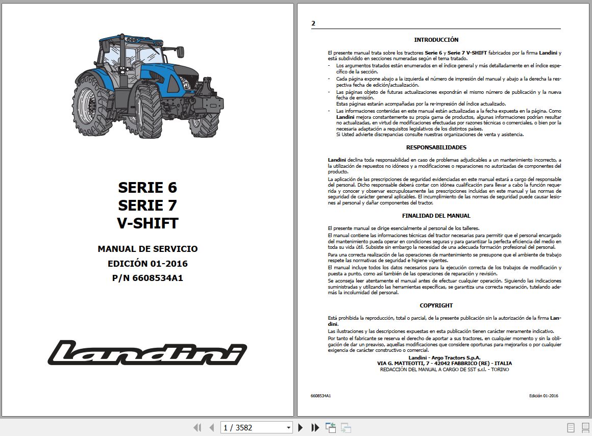 Landini Tractor 6 145 to 7 190 V SHIFT Service Manual 6608534A1 ES 1