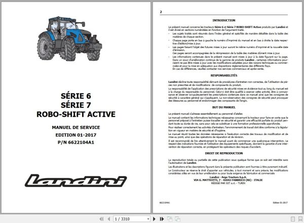 Landini Tractor 6 145 to 7 215 ROBO SHIFT ACTIVE Service Manual 6622104A1 FR 1