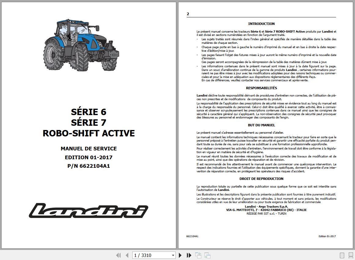 Landini Tractor 6 145 to 7 215 ROBO SHIFT ACTIVE Service Manual 6622104A1 FR 1