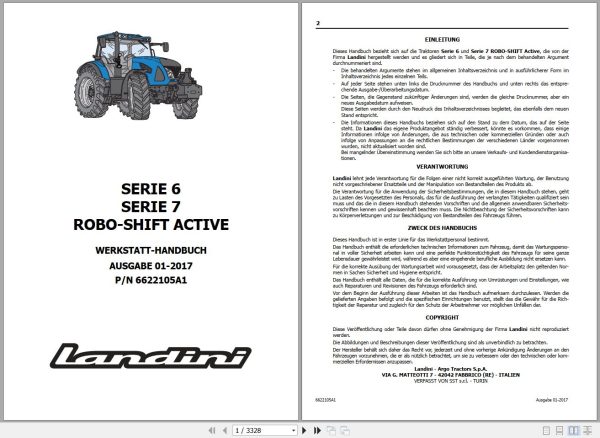 Landini Tractor 6 145 to 7 215 ROBO SHIFT ACTIVE Service Manual 6622105A1 DE 1