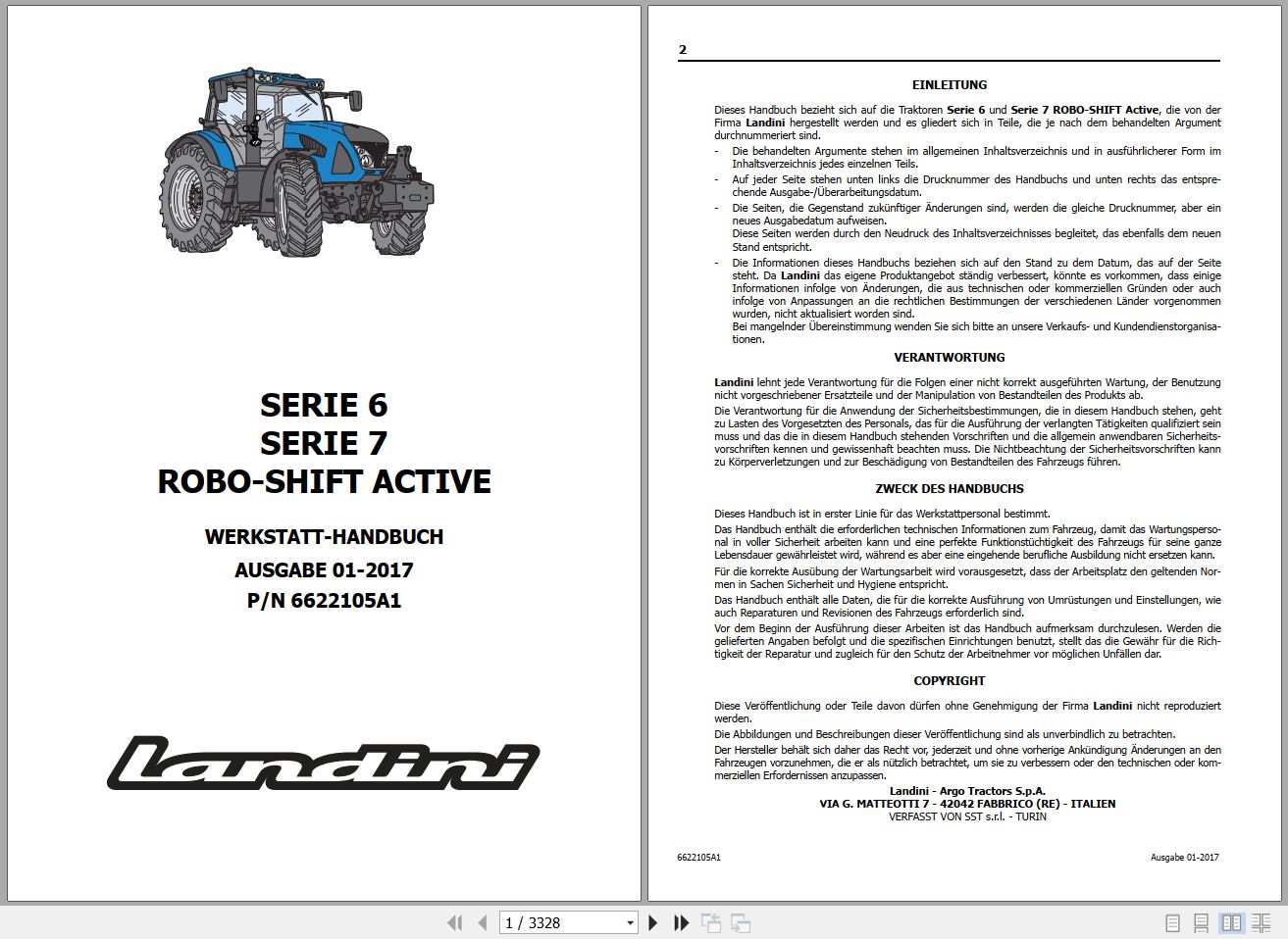 Landini Tractor 6 145 to 7 215 ROBO SHIFT ACTIVE Service Manual 6622105A1 DE 1