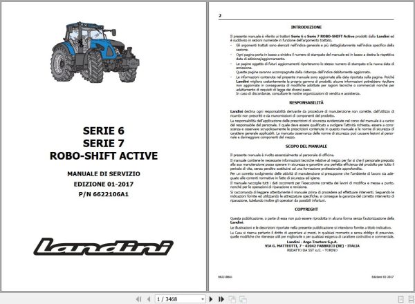 Landini Tractor 6 145 to 7 215 ROBO SHIFT ACTIVE Service Manual 6622106A1 IT 1