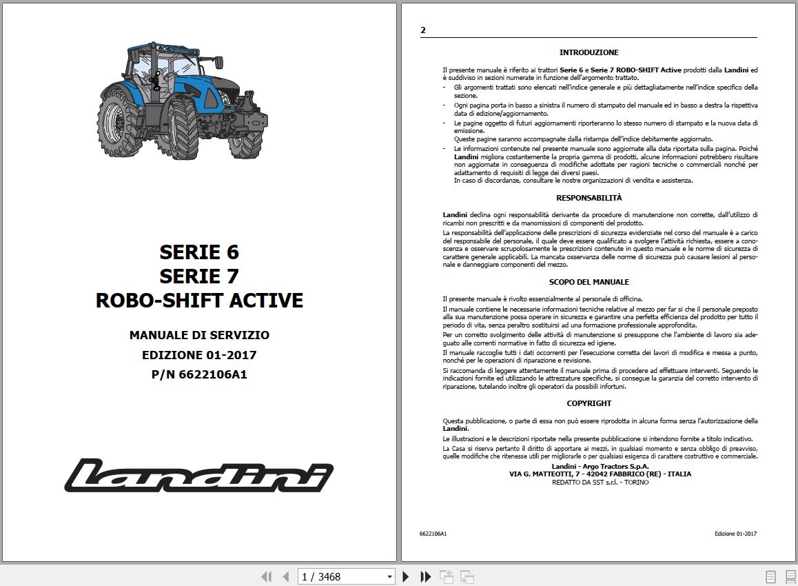 Landini Tractor 6 145 to 7 215 ROBO SHIFT ACTIVE Service Manual 6622106A1 IT 1