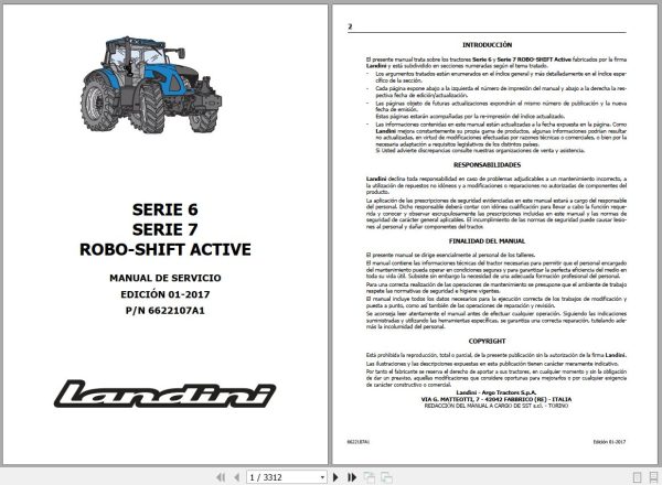 Landini Tractor 6 145 to 7 215 ROBO SHIFT ACTIVE Service Manual 6622107A1 ES 1