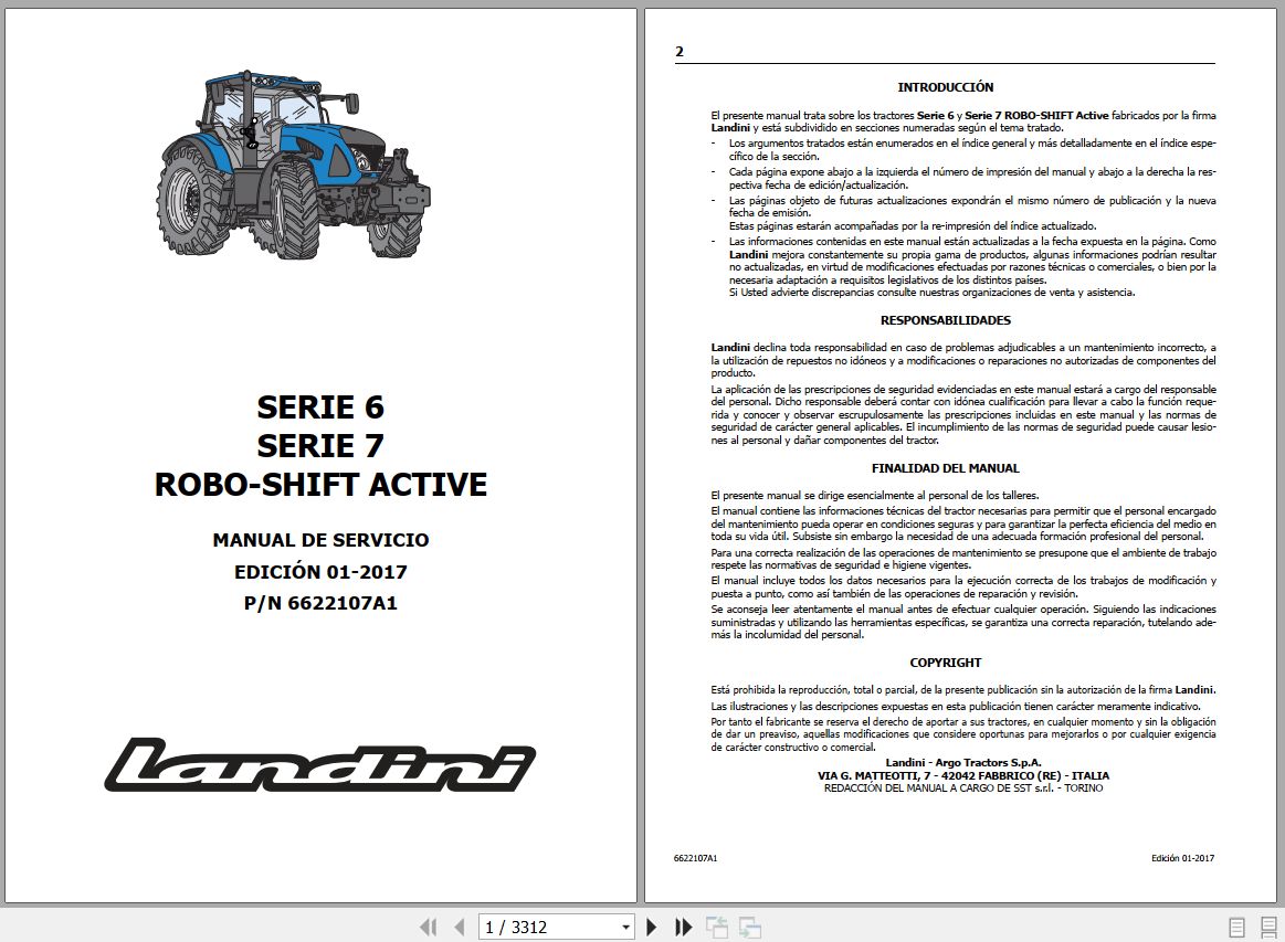 Landini Tractor 6 145 to 7 215 ROBO SHIFT ACTIVE Service Manual 6622107A1 ES 1