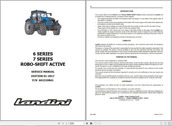 Landini Tractor 6 145 to 7 215 ROBO SHIFT ACTIVE Service Manual 6622108A1 EN 1