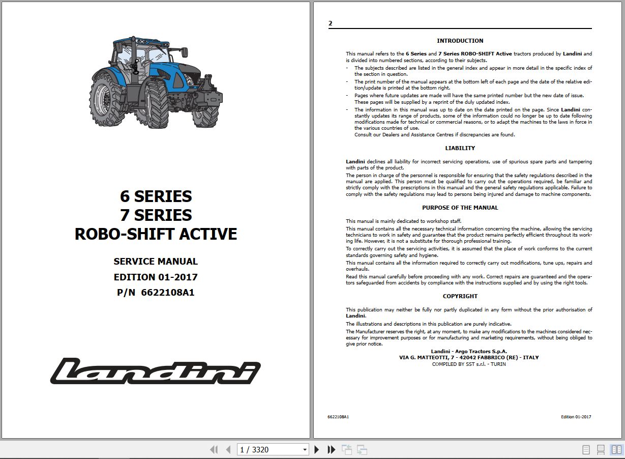 Landini Tractor 6 145 to 7 215 ROBO SHIFT ACTIVE Service Manual 6622108A1 EN 1