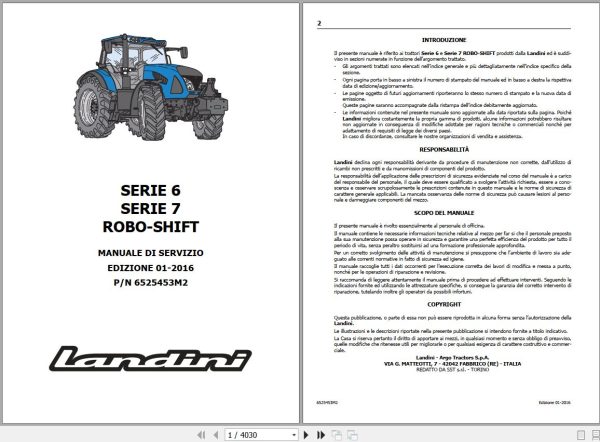 Landini Tractor 6 145 to 7 215 ROBO SHIFT Service Manual 6525453M2 IT 1