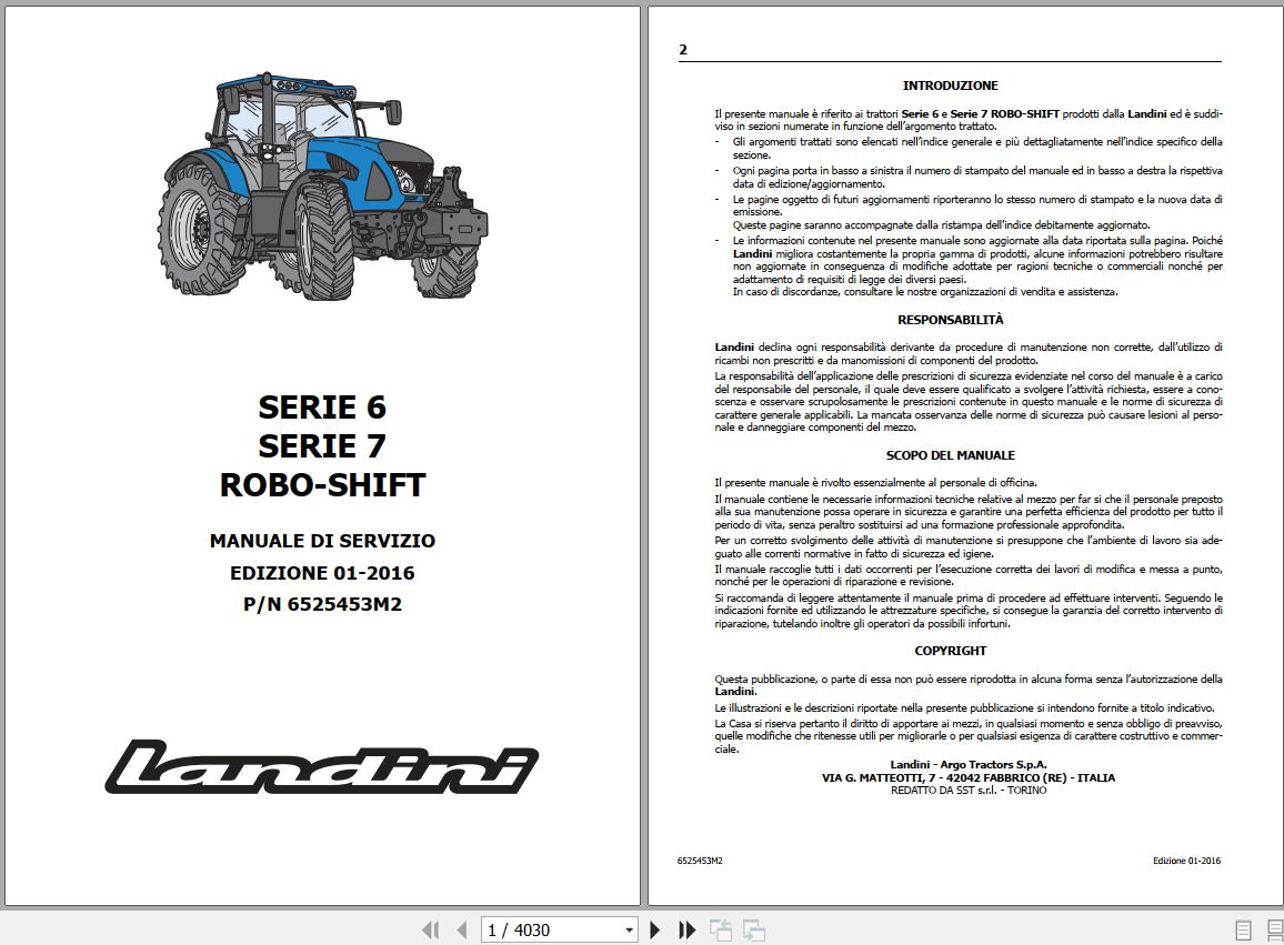 Landini Tractor 6 145 to 7 215 ROBO SHIFT Service Manual 6525453M2 IT 1