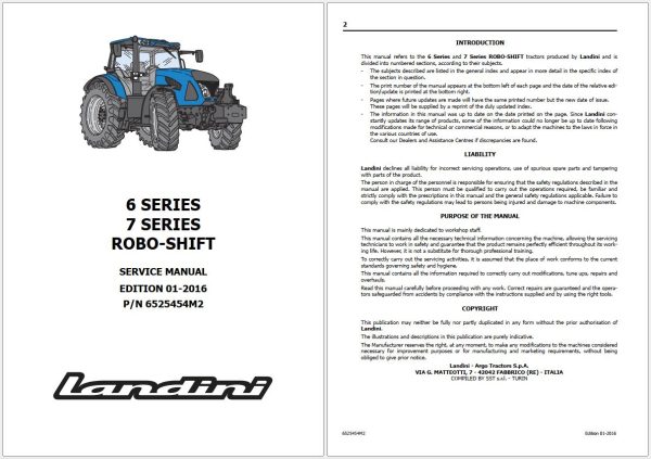 Landini Tractor 6 145 to 7 215 ROBO SHIFT Service Manual 6525454M2 EN 1