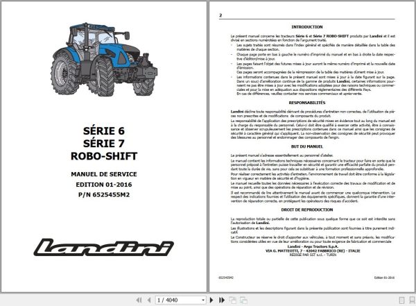 Landini Tractor 6 145 to 7 215 ROBO SHIFT Service Manual 6525455M2 FR 1