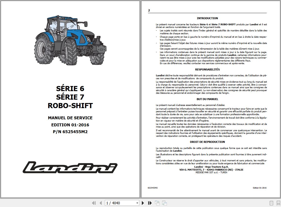 Landini Tractor 6 145 to 7 215 ROBO SHIFT Service Manual 6525455M2 FR 1