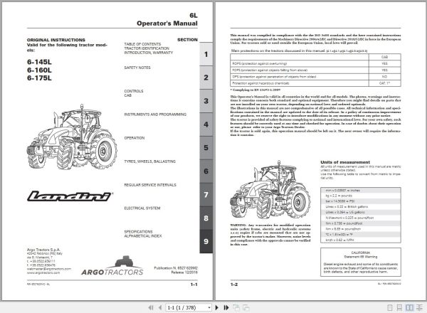 Landini Tractor 6 145L 6 160L 6 175L Operators Maintenance Manual 6527620M2 EN 1
