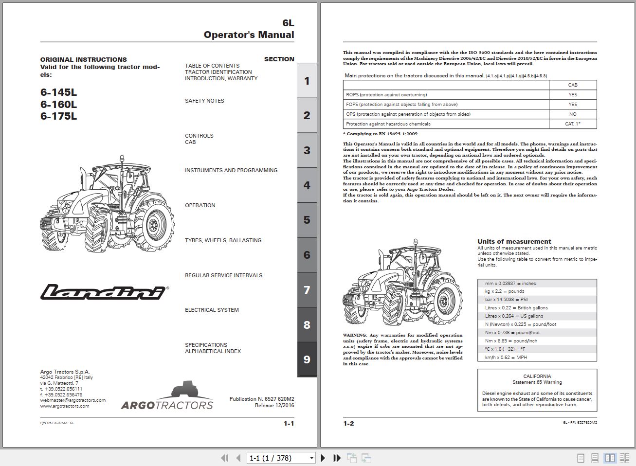 Landini Tractor 6 145L 6 160L 6 175L Operators Maintenance Manual 6527620M2 EN 1