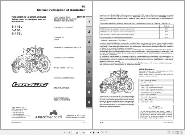 Landini Tractor 6 145L 6 160L 6 175L Operators Maintenance Manual 6527621M2 FR 1