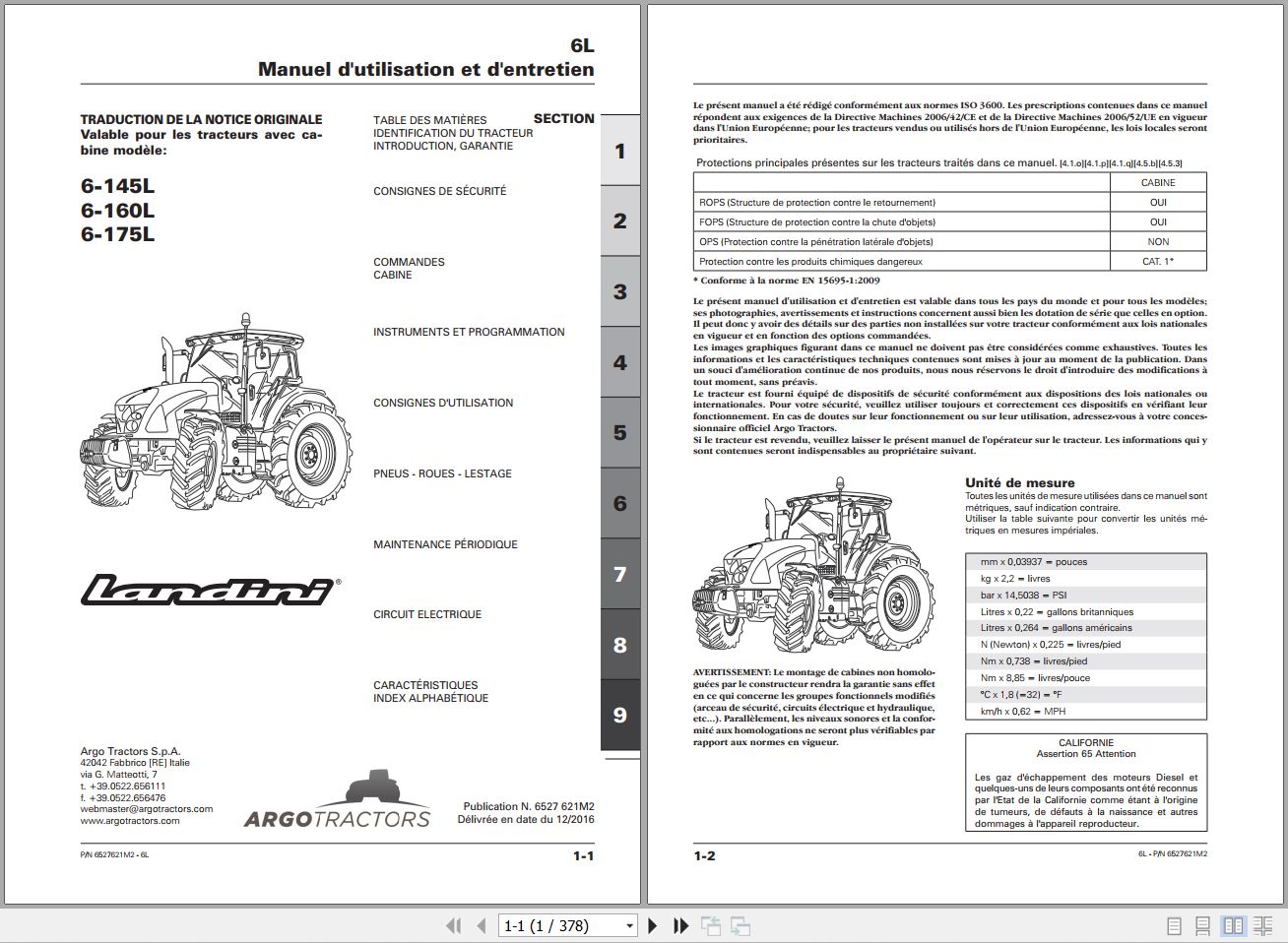 Landini Tractor 6 145L 6 160L 6 175L Operators Maintenance Manual 6527621M2 FR 1
