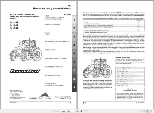 Landini Tractor 6 145L 6 160L 6 175L Operators Maintenance Manual 6527622M2 ES 1