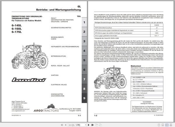 Landini Tractor 6 145L 6 160L 6 175L Operators Maintenance Manual 6527623M2 DE 1