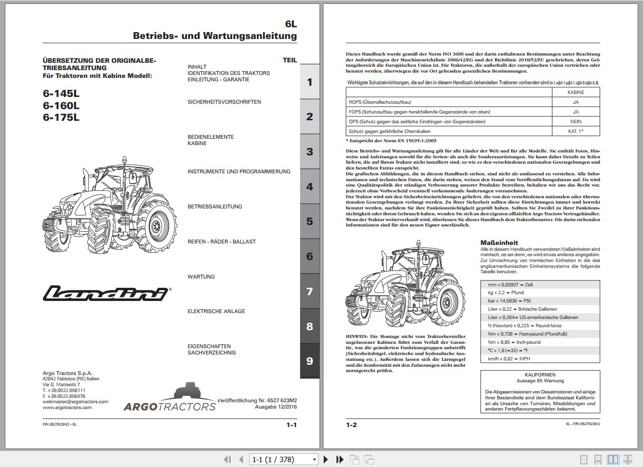 Landini Tractor 6 145L 6 160L 6 175L Operators Maintenance Manual 6527623M2 DE 1